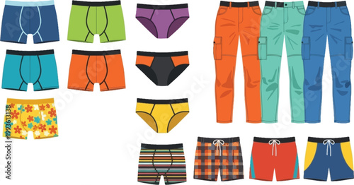 Men Clothing Vector Collection Featuring Underwear, Boxer Shorts, Briefs, Casual Pants and Fashion Apparel for Modern Wardrobe Design Projects
