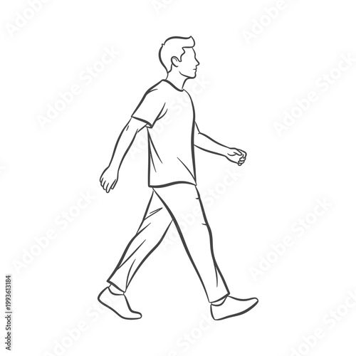 Young man walking casually in a relaxed pose, wearing a t-shirt and jeans, feeling content and at ease