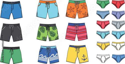 Men Swimwear and Underwear Vector Set with Beach Shorts, Trunks, and Briefs Collection for Summer Fashion, Apparel Design, and Clothing Illustration