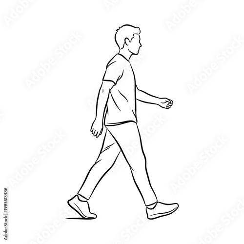 Young man walking casually in a relaxed manner, wearing a polo shirt and sneakers, side view illustration