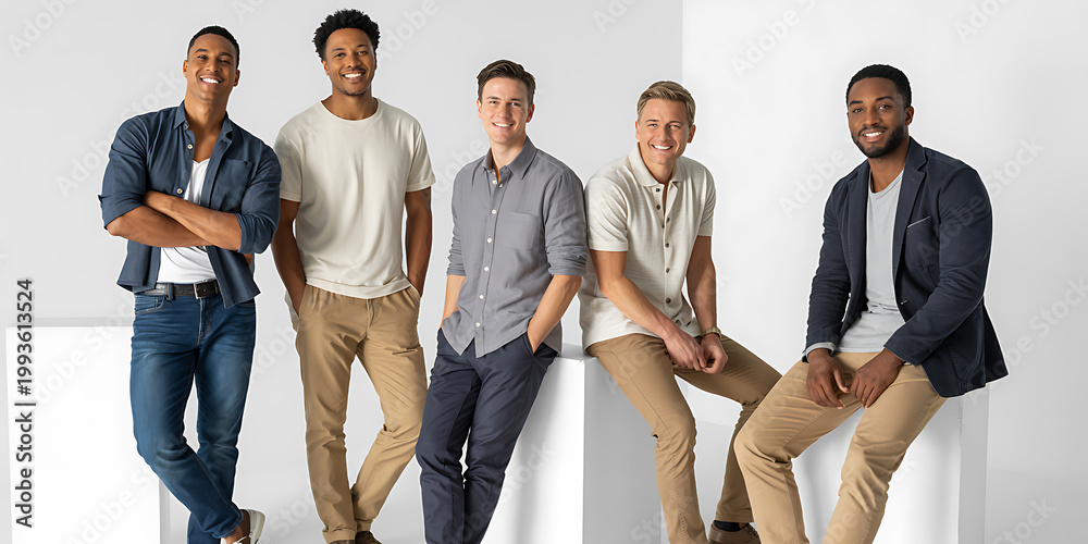 © Jihadul - Five men in casual business attire, posing on white blocks, relaxed office style