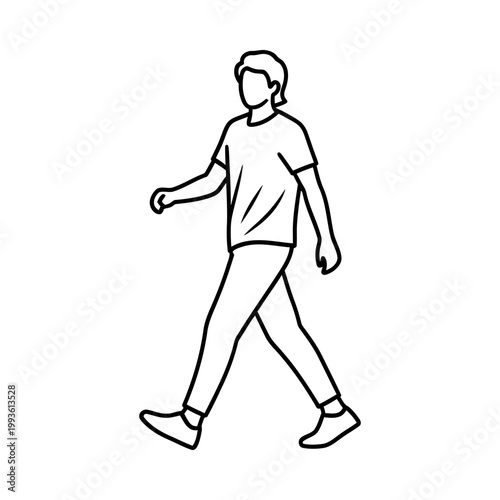 Young man walking casually in a relaxed pose, wearing a t-shirt and pants, enjoying a leisurely stroll