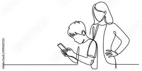 A minimalist single continuous line drawing of a mother standing behind her young son who is focused on his mobile device. Vector, illustration