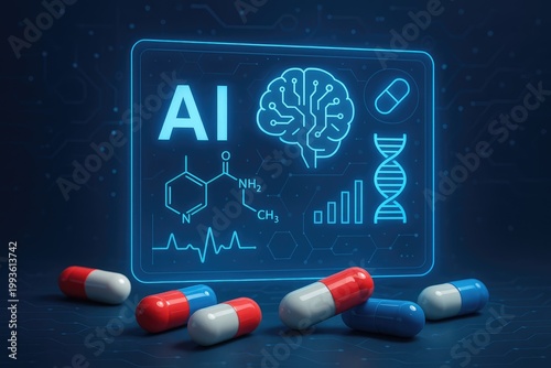 Glowing blue holographic display showing medical symbols rests behind scattered pills.