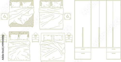 Technical drawings of a bed with four different views and measurements
