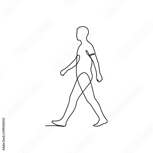 Minimalist line drawing of a person walking, conveying motion and simplicity in monochrome
