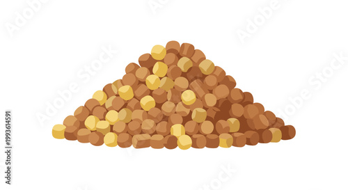 A large conical pile of nutritious brown and tan cylindrical pet food pellets sits neatly on a white background under bright and even studio lighting.