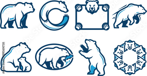 Minimalist polar bear logo set, 8 blue grizzly bear icons, modern wildlife mascot collection, arctic animal branding elements for sports and outdoors