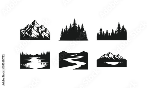 Vector nature landscape silhouettes mountains forests rivers illustration.