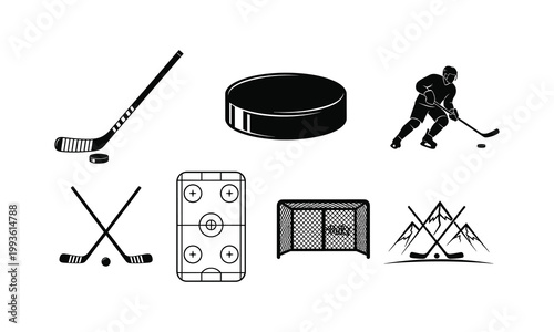 Vector silhouette hockey elements player stick puck rink net mountains illustration.