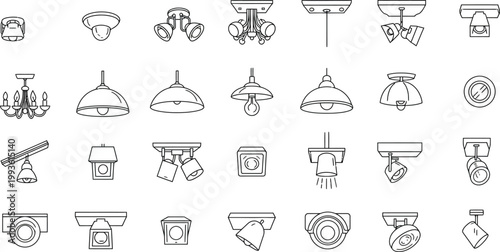Collection of various light fixtures and lamps in a sketch style