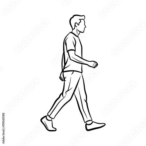 Young man walking casually in a relaxed pose, wearing a polo shirt and sneakers, side view illustration