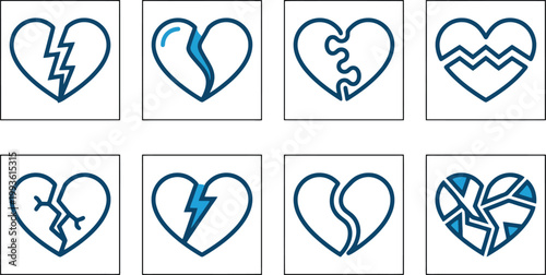 Broken heart icon set with 8 vector elements, blue line art heart symbols for divorce and heartbreak, conceptual emotional pain illustrations