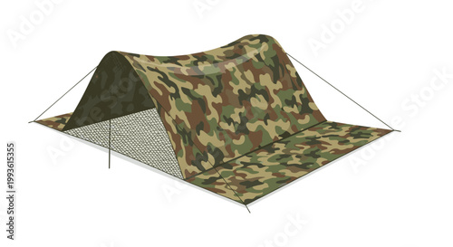 A low-profile camouflage shelter is constructed using a large patterned tarp and thin black ropes against a clean white background for outdoor survival.