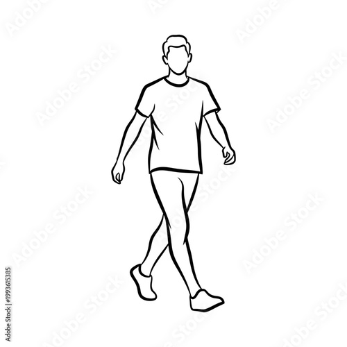 Casual man walking in a relaxed manner, wearing a t-shirt and pants, enjoying a leisurely stroll