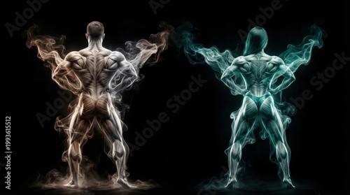 Defined muscular male, female bodybuilder backs with flowing smoke on dark background. Strength, fitness, anatomical study.