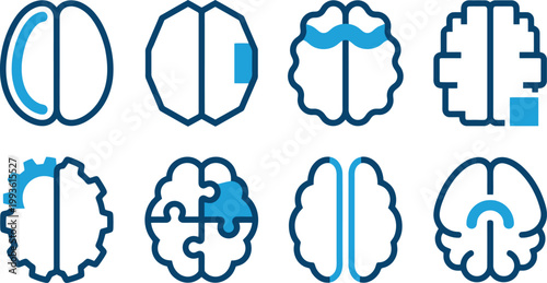 Human brain icon set with 8 vector elements, mental health and neurology symbols, blue line art brain concepts for psychology and medical design