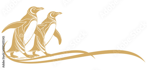 Vector illustration of golden silhouettes of two artistic penguins with decorations for Penguin Day.
