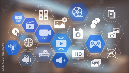 Quadro su tela Multimedia technology with video, audio, photo and streaming icons representing digital media, communication and online platforms in a modern multimedia world