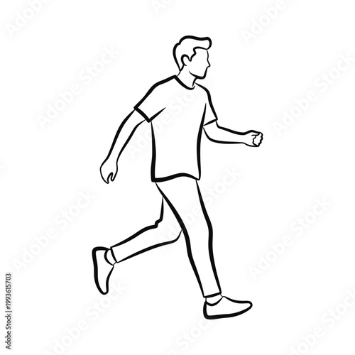 Young man walking casually in a relaxed pose, wearing a t-shirt and jeans, feeling happy and carefree