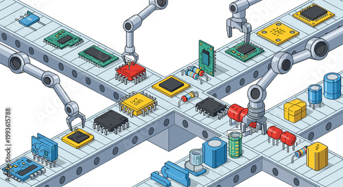 Multiple robotic arms precisely assemble intricate electronic components and microchips on a complex cross-shaped industrial conveyor belt system in a modern high-tech factory.