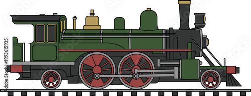 Vintage steam locomotive train with wheels and tracks, classic railway transport engine for travel and industry themes