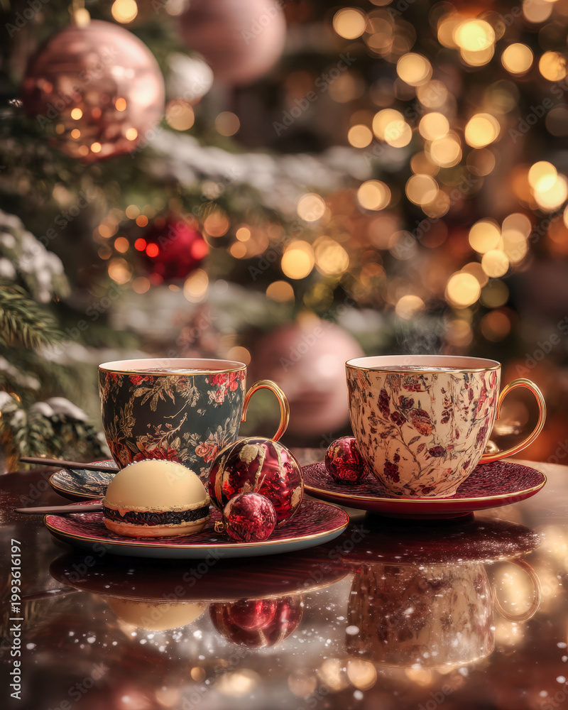 Fototapeta premium Cozy Christmas Tea Cup with Berries and Warm Holiday Lights