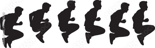 Sequence of six black silhouettes of men in various squatting positions facing forward also transparent background