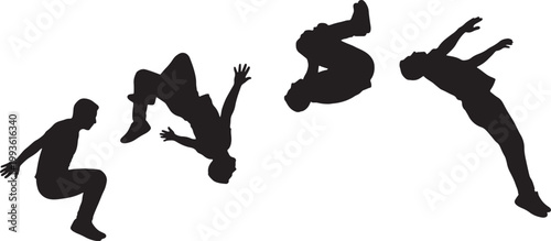 Silhouettes of four people in different dynamic poses, including crouching, jumping, and flying also transparent background