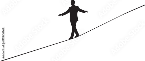 Silhouette of a person balancing on a tightrope against a white background, also transparent background