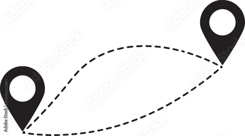 Two black map pins connected by a dashed elliptical line on a white background, also transparent background