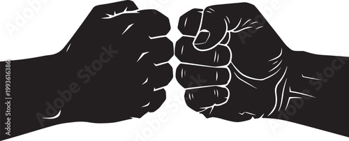Two black fists in a solidarity gesture on a white background, also transparent background, clenched