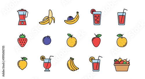 Collection of Fresh Fruits and Juices Icons.
