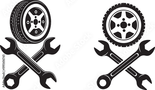Black and white illustration of a tire and crossed wrenches on a white background