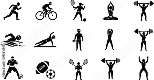 Sports and Fitness Activity Pictogram Bundle with Running Cycling Swimming Yoga Tennis and Weightlifting Icons for Athletic Design