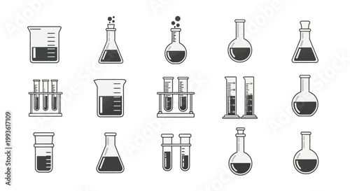 Collection of Hand Drawn Laboratory Glassware and Equipment Icons.