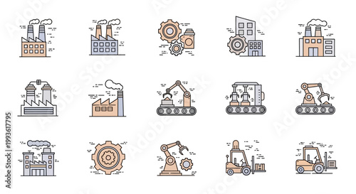 Collection of Industrial Icons Representing Manufacturing and Construction.