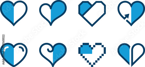 Acht blaue Herz-Icons in verschiedenen Stilen, die teilweise gefüllt sind und Konzepte wie Liebe, Fortschritt oder Gesundheit symbolisieren.