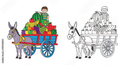 Cute cartoon donkey pulling a wooden cart loaded with fresh harvest fruits and a happy boy. Side-by-side colored illustration and black and white outline for coloring book page.