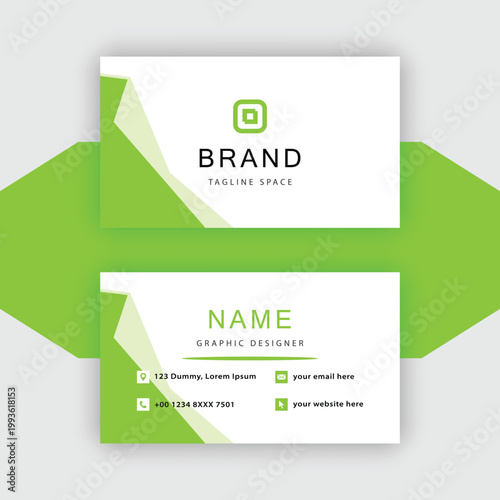 Modern graphic designer business card vector illustration with bright green abstract shapes and contact details