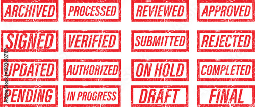 Animated Business Approval Stamp Labels Set with Approved, Rejected, Pending, Verified and Processed Status Icons for Workflow Management, Marketing Videos, Corporate Presentations and Website UI