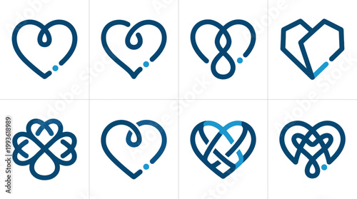 Heart shape line art logo set. Includes various abstract geometric and continuous line heart designs in blue. Minimalist vector graphics for health, romance, and charity branding.
