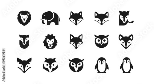 Collection of stylized animal icons in black and white.