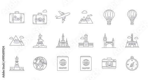 Collection of Travel and Landmark Icons for Global Exploration.