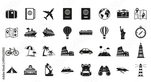 Collection of Travel and Leisure Icons Representing Global Exploration.