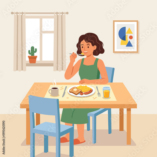 Woman Eating Breakfast Young Woman With Chair