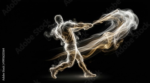 Dynamic baseball player in powerful smoke form, swinging bat with energetic motion on black background, abstract sports concept.