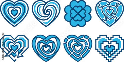 Blue heart shape vector icon set. Includes puzzle, maze, pixel, spiral, and geometric designs. Flat graphic elements for healthcare, technology, and romance concepts.