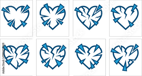 Broken heart vector icons set, blue shattered heart symbols for heartbreak and divorce, 8 cracked heart elements for emotional pain and sadness
