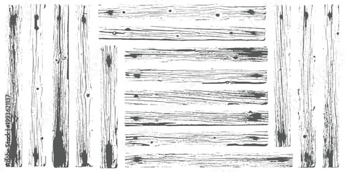 Distressed set of white wooden planks with peeling paint, rustic farmhouse texture, black-and-white minimal style.